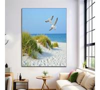 Natural Scenery Wall Art Poster Beach Seagulls, Blue Print Canvas Picture for Home Decor 60x90cm Unframed, for Bathroom Living Room Office Yoga Spa Meditation Room