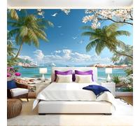 Natural Scenery Wall Mural 250 x 180 cm Beach Palm Tree Landscape Non-Woven Art Print Wallpaper Mural for Walls Living Room Bedroom TV Background Boys Girls Kids Rooms Decoration