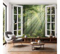 Natural Scenery Wall Mural for Living Room, 200x140cm Panoramic Photo Wallpaper Sunlight Filtering Through The Forest Silk Wall Covering for Bedroom Office Sofa Background Decor, Emerald Green