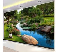 Natural Scenery Wallpaper, Park Flowers Plants Stream Murals 300 X 210 Cm Premium Non-Woven Wallpaper for Adults Kids Bedroom Living Room Lounge Tv Backdrop On Trend Print Murals Green