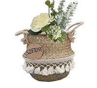Natural Seagrass Storage Basket - GOODCHANCEUK Seagrass Belly Basket With PomPom Foldable Woven Basket With Rope Handle for Laundry, Toys or Plants,Nursery Style#1 27x24cm