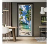 Natural Seascape Self-Adhesive Door Stickers, 80 x 210 cm Tropical Plant Palm Tree Pattern Decorative PVC Door Mural for Bedrooms Living Room Home Office, Blue Green Removable Wallpaper
