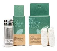 Natural Silk Dental Floss + Refills Set 90m | Eco Zero Waste Biodegradable Sustainable Plastic Free Natural Floss in reusable glass dispenser. Eco friendly Plastic free packaging Mint + Candelilla Wax
