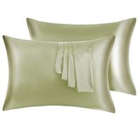 Natural Silk Pillowcase Set of 2 for Hair &Skin - Both Sides 19 Momme 600 Thread Count with Hidden Zipper (Grass green, Queen)