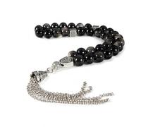 Natural Silver Sheen Obsidian Tasbih 33 Beads, 8.5 mm Misbaha Prayer Beads with Tassel & Gift Box, Ramadan Eid Gift for Men, Father and Husband