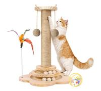 Natural Sisal & Solid Wood Cat Scratching Post for Small Cats - Interactive Ball Track & Spring Feather Toy, Multi-Functional Kitten Play & Scratch Station (46cm Tall)