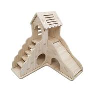 Natural Solid Wood Two-Tier Small Pet House with Slide Loft Hideaway Nest Toy Cage Landscaping Decor for Hamsters Hedgehogs Rutin Chicken