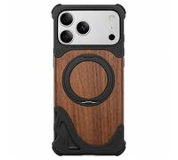 Natural Solid Wooden Case for iPhone 17 Pro, B-Black | 360° Rotatable Stand, Aluminum Alloy Metal, Screw Fixing, Bezel Less, Slim, Anti-Fall, Drop-resistant