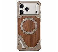 Natural Solid Wooden Case for iPhone 17 Pro, B-Desert | 360° Rotatable Stand, Aluminum Alloy Metal, Screw Fixing, Bezel Less, Slim, Anti-Fall, Drop-resistant
