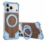 Natural Solid Wooden Case for iPhone 17 Pro Max, A-Sierra Blue | 360° Rotatable Stand, Aluminum Alloy Metal, Screw Fixing, Bezel Less, Slim, Anti-Fall, Drop-resistant