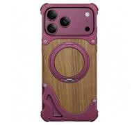 Natural Solid Wooden Case for iPhone 17 Pro Max, B-Dark Cherry | 360° Rotatable Stand, Aluminum Alloy Metal, Screw Fixing, Bezel Less, Slim, Anti-Fall, Drop-resistant