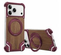 Natural Solid Wooden Case for iPhone 18 Pro, A-Dark Cherry | 360° Rotatable Stand, Aluminum Alloy Metal, Screw Fixing, Bezel Less, Slim, Anti-Fall, Drop-resistant