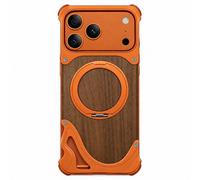 Natural Solid Wooden Case for iPhone 18 Pro, B-Orange | 360° Rotatable Stand, Aluminum Alloy Metal, Screw Fixing, Bezel Less, Slim, Anti-Fall, Drop-resistant
