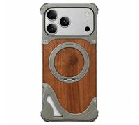 Natural Solid Wooden Case for iPhone 18 Pro Max, B-Titanium | 360° Rotatable Stand, Aluminum Alloy Metal, Screw Fixing, Bezel Less, Slim, Anti-Fall, Drop-resistant