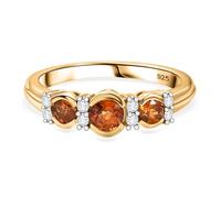 Natural Spessartite Garnet & White Zircon Trilogy Ring - 18K Yellow Gold Vermeil over Sterling Silver - Garnet Engagement & Anniversary Ring - Size P