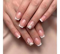Natural Square French Manicure with Daisy Floral Design - Reusable Short Smooth Glossy Press on Nails Kit for Easy Daily Wear, Classic Salon Look, Modern Square Shape, Elegant Polished Style