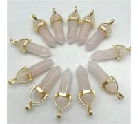 Natural Stone 50pcs Gold Hexagonal Column Pendants for Jewelry Making -Rose Quartz