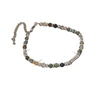 Natural Stone and Stainless Steel Beaded Bracelet, Korean Style Indian Agate, 17cm Length, 4mm Beads, Women's Fashion Jewelry, Adjustable, Stainless Steel, no gemstone