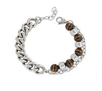 Natural Stone Beaded Bracelet for Men Women, Stainless Steel Chain Link Bracelet, 2-in-1 Dual Style Couple Jewellery, Adjustable Unisex Gift(brown)
