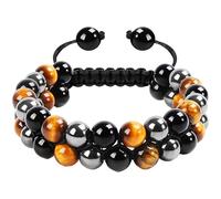 Natural Stone Beaded Bracelet, Handmade 7A Tiger Eye and 7A Agate, Hematite with Obsidian Gemstones, Double Row Braided Multi-Layer Protection Jewelry for Men and Women, Adjustable Design