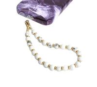 Natural Stone Beaded Phone Wrist Strap in White Grey Marble with Gold Accent - Detachable Bracelet Lanyard for Secure Attachment to Keychains Wallets Handbags Ideal for Unisex Wearers Casual Outings