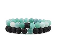 Natural Stone Bracelet 2Pcs for Unisex Couple,8mm Beads,Handmade Beaded Elastic Bangles Gift for Couple Boyfriend Girlfriend Lovers Black Green 8mm
