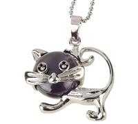 Natural Stone Cat Pendant Necklace for Women And Men|Genuine Gemstone Lovely Animal Charm With Silver Chain Meditation Energy Amulet Jewelry Gifts for Girls Amethyst