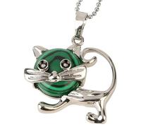 Natural Stone Cat Pendant Necklace for Women And Men|Genuine Gemstone Lovely Animal Charm With Silver Chain Meditation Energy Amulet Jewelry Gifts for Girls Malachite