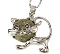 Natural Stone Cat Pendant Necklace for Women And Men|Genuine Gemstone Lovely Animal Charm With Silver Chain Meditation Energy Amulet Jewelry Gifts for Girls Unakite