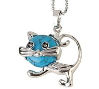 Natural Stone Cat Pendant Necklace for Women And Men|Genuine Gemstone Lovely Animal Charm With Silver Chain Meditation Energy Amulet Jewelry Gifts for Girls Blue Turquoise