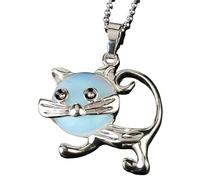 Natural Stone Cat Pendant Necklace for Women And Men|Genuine Gemstone Lovely Animal Charm With Silver Chain Meditation Energy Amulet Jewelry Gifts for Girls Opal