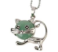 Natural Stone Cat Pendant Necklace for Women And Men|Genuine Gemstone Lovely Animal Charm With Silver Chain Meditation Energy Amulet Jewelry Gifts for Girls Green Aventurine