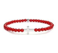 Natural Stone Cross Beaded Bracelet for Women, Dainty 14K Gold Silver Plated Christian Stretch Prayer Bracelets, Religious Faith Jewelry Gifts ，Red Agate：silver plated