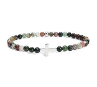 Natural Stone Cross Beaded Bracelet for Women, Dainty 14K Gold Silver Plated Christian Stretch Prayer Bracelets, Religious Faith Jewelry Gifts ，Indian Agate：silver plated