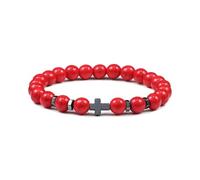 Natural Stone Cross Bracelet,8mm Natural Gemstone Beaded Cross Religious Jesus Bangles Handmade Good Luck for Women Men Red 8mm