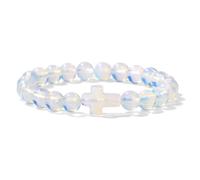 Natural Stone Cross Bracelet,8mm Natural Opalite with Charms Stretch Adjustable Bangles for Men Women Friendship Cross Gifts 8mm