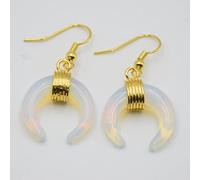 Natural Stone Crystal Crescent Half Moon Hook Earring Wire Wrapped Pink Quartzs Tiger Eye Handmade,Opal G