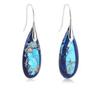 Natural Stone Earrings, Bohemian Fish Hook Dangle Drop Earrings Trendy Lightweight Waterdrop Statement Boho Stone Dangly Jewelry for Women Birthday Gift (Blue, Silver)
