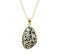 Natural Stone Necklace - Oval Polished Real Gemstone Pendant - Gold Plated Stainless Steel Chain 45cm Adjustable - Handmade Boho Ethnic Jewellery - Gift Boxed (Dalmation Jasper)
