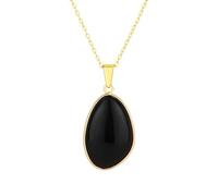 Natural Stone Necklace - Oval Polished Real Gemstone Pendant - Gold Plated Stainless Steel Chain 45cm Adjustable - Spiritual Boho Ethnic Jewellery - Gift Boxed (Black Agate)