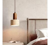 Natural Stone Pendant Light Cylinder Marble Shade Walnut Wood Hanging Lamp Retro Rustic Mini Ceiling Lighting Gold Nordic Farmhouse Small Chandelier for Kitchen Island Dining Room Restaurant