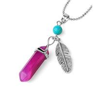 Natural Stone Pendant Necklace For Women,Natural Fuchsia Striped Agate Hexagonal Pointed Stone Pendants Hand-Engraved Feather Tassel Gemstone Pendant Necklaces Women Jewelry present For Wife Gir