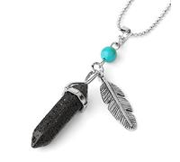 Natural Stone Pendant Necklace For Women,Natural Lava Stones Hexagonal Pointed Stone Pendants Hand-Engraved Feather Tassel Gemstone Pendant Necklaces Women Jewelry present For Wife Girlfriend Fr