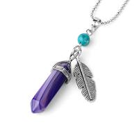 Natural Stone Pendant Necklace For Women,Natural Purple Striped Agate Hexagonal Pointed Stone Pendants Hand-Engraved Feather Tassel Gemstone Pendant Necklaces Women Jewelry present For Wife Girl
