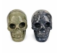 Natural Stone Skull Figurines Set of 2, Polished Crystal Decor Pair, Carved Statues for Shelf Desk Collection Display
