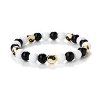 Natural Stone stretch Beaded Bracelet unisex, 8mm Black matte & White porcelain stone Bracelet with Tai Chi charm, Stylish and charming gold 8mm
