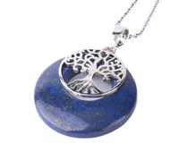 Natural Stone Tree of Life Charm Pendant Round Hollow Donut Unakite Lava Brown Sand Sodalite Pendants Necklace for Women Men Jewelry,Lapis Lazuli Chain,One size