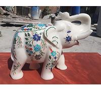 Natural Stones Inlay Majestic Elephant Statue for Hallway & Living Room Decor 8 Inches White Marble Up Trunk Elephant Statue with Elegant Look | Housewarming Gift