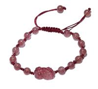 Natural Strawberry Quartz Bracelet Lucky Pixiu Charm Pendant Feng Shui Crystal Beaded Bracelet Handwoven Red String Talisman for Women Girls Wealth Money Good Luck Prosperity Meditation Yoga Cinnabar