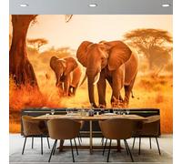 Natural Style Animal Elephant Pattern Murals, Orange-Yellow Wallpaper for Kids Room Bedroom, 350 x 256 cm(WxH) Home TV Sofa Background Wall Decor - Non-Woven Art Photo Decals (Not Self-Adhesive)